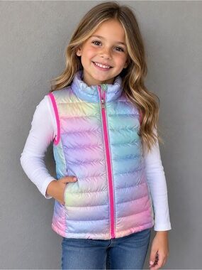 Amazon Essentials Girls Rainbow Iridescent Puffer Vest Pink Trim Size Large 9